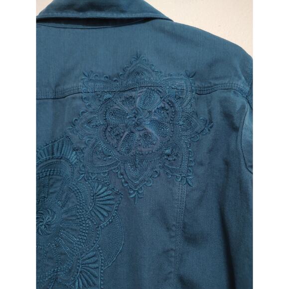 Chicos Size 2 Turquoise Blue Embroidered Long Sleeve Button Front Denim Jacket - Picture 4 of 12